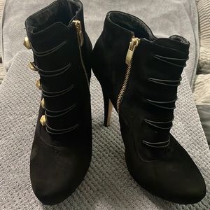 9B Vince Camuto black suede military inspired with gold detailing 5” heeled boot